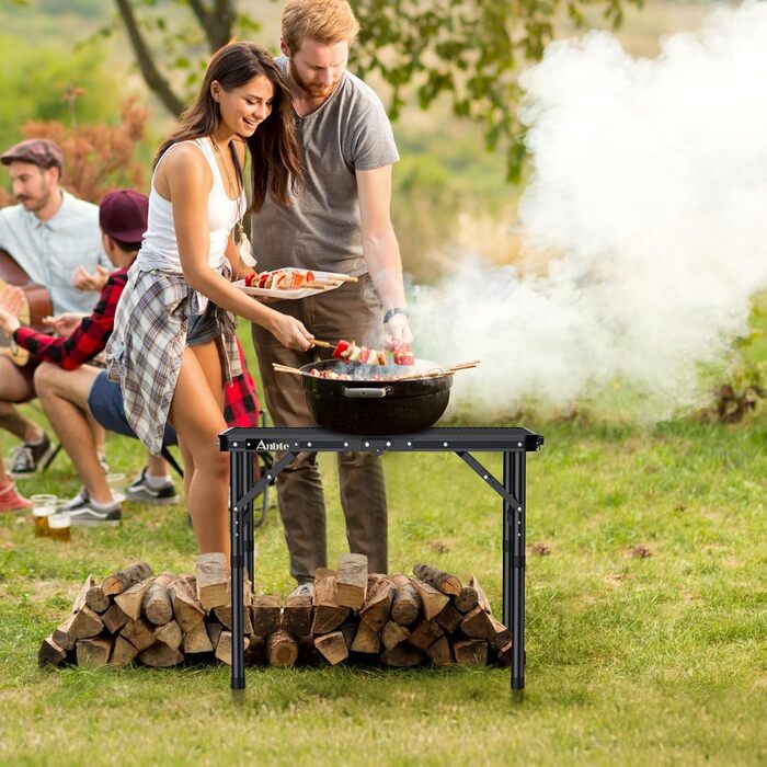 Стіл для кемпінгу Anbte Grilltisch 58x40 см, металевий, регульована висота (26/48/70 см), алюмінієвий каркас, чорний