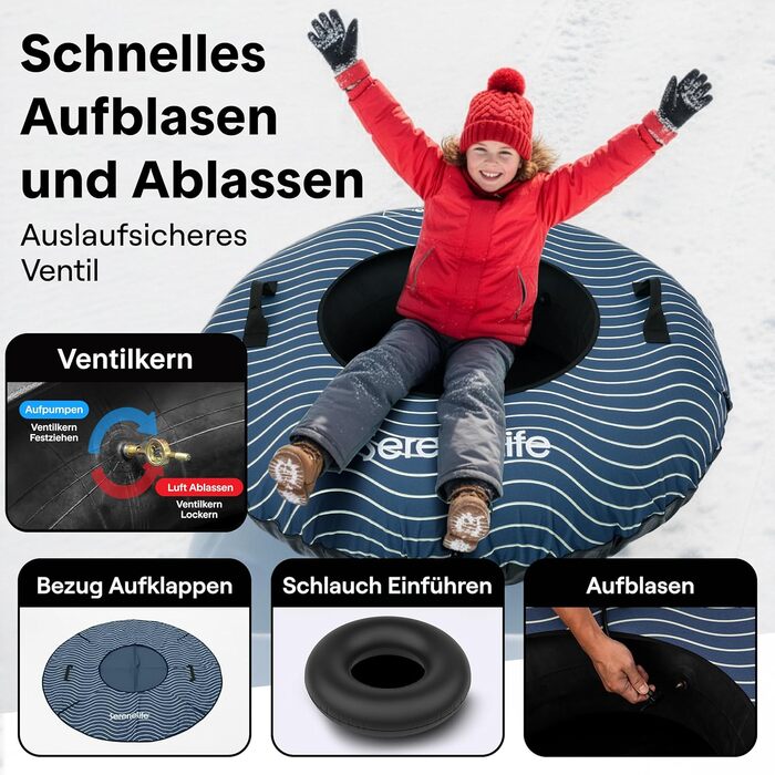 Надувний сніговий снігохід SereneLife 112/122 см – XXL для дітей та дорослих, з антиковзким дном та ручкою, блакитний