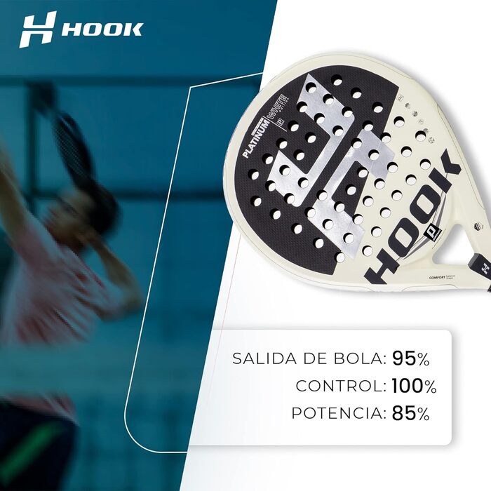 Падель ракетка Hook Platinum White Art для унісекс, 355/365 г, 100% карбон, контроль, EVA, середній баланс, Sand-Touch, кругла