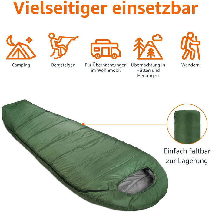 Сплячий мішок Amazon Basics для холодного клімату, для кемпінгу та піших прогулянок, легкий, мумієподібний, оливковий