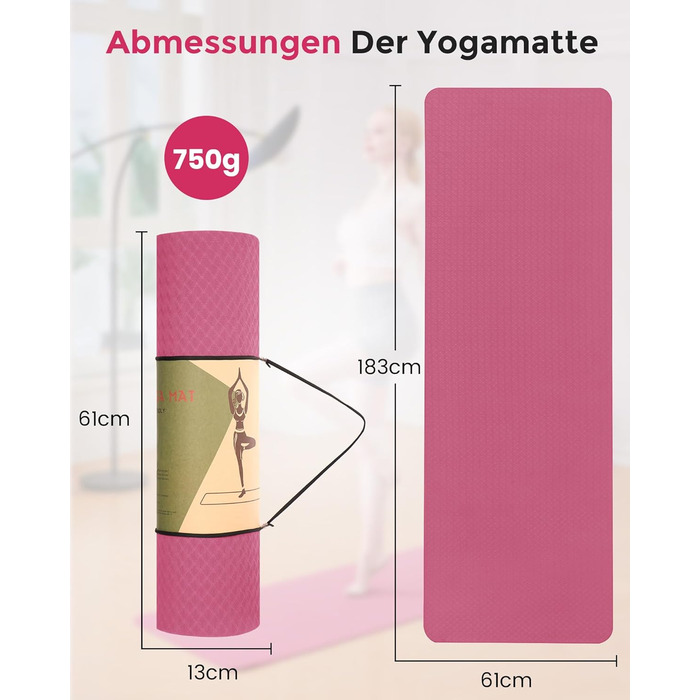 Килимок для йоги та пілатеса Narwhal з екологічного TPE, протиковзкий фітнес-мат для тренувань зі стрічкою для перенесення (Слива, 183 x 61 x 0.6 см)