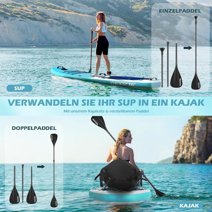 NACATIN SUP дошка надувна 320 см з сидінням, веслом та рюкзаком - для йоги, річки, моря (синій)