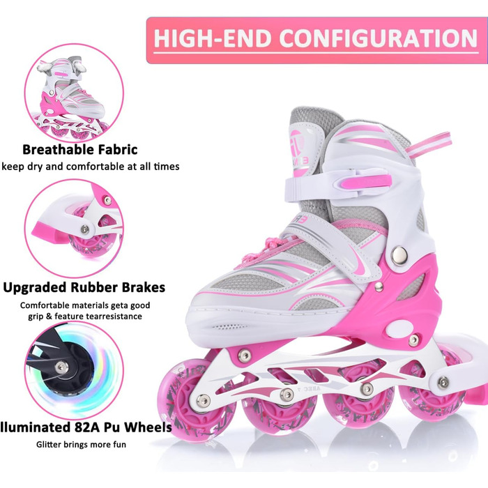 Дитячі ролики Ernan Verstebar - міцні ролики для дівчаток, хлопчиків та дітей різного віку. Розміри 4. Підходять для використання в приміщенні та на вулиці (рожевий, M)