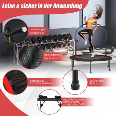 Фітнес-батут COSTWAY 101 см з регульованою ручкою та 2 еластичними стрічками, складаний батут для дорослих та дітей, витримує до 150 кг, червоний