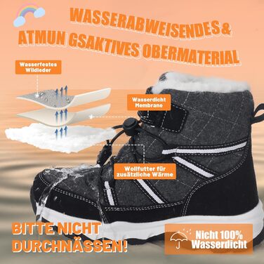 Зимові черевики Visionreast для дівчаток та хлопчиків. Теплі зимові черевики з ворсовим утеплювачем, водонепроникні, для туризму та активного відпочинку. Чорні, розмір 40 EU.