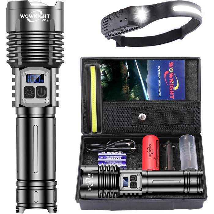 WOWNIGHT LED ліхтарик на акумуляторі 1000000 люмен, 2 режими, USB-C, тактичний, регулювання яскравості, налобний, для кемпінгу та надзвичайних ситуацій, чорний обсидіан