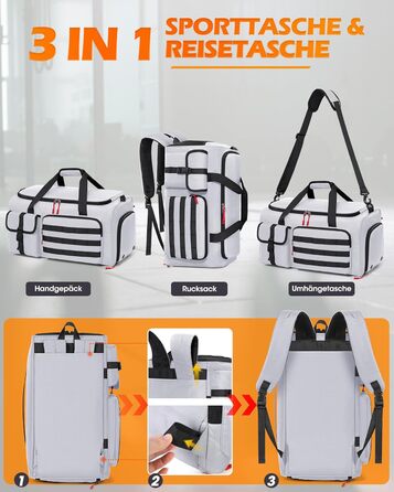 Спортивна сумка RAINSMORE 3 в 1 для чоловіків 45L: рюкзак, сумка-переноска, з відділенням для взуття, ноутбука та мокрого одягу (сіра)