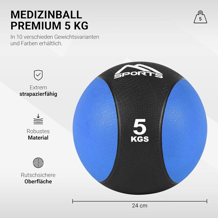 MSPORTS Медичний м'яч 5 кг, професійний, синій, для фітнесу та реабілітації, з постером вправ