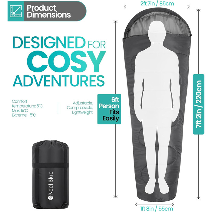 Спальний мішок Mumienschlafsack для дорослих - легкий, компактний, водонепроникний, з капюшоном, 220x85 см - теплий, пральний, для кемпінгу, піших прогулянок, подорожей (сірий)