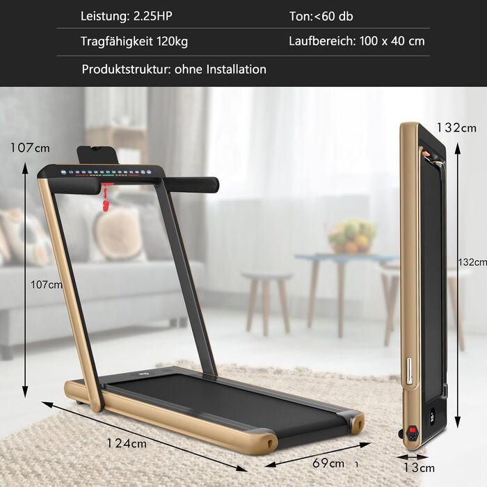 Бігова доріжка COSTWAY 2 в 1, складна, 2,25 к.с., з APP, Bluetooth, сенсорним екраном і пультом, 1-12 км/год, для дому, під стіл