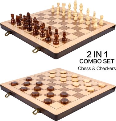 Набір шахів та шашок з дерева 15 дюймів, класичні складані ігри з фетровим внутрішнім відділенням для зберігання, 2 додаткові відсіки для фігурок шашок та шахів