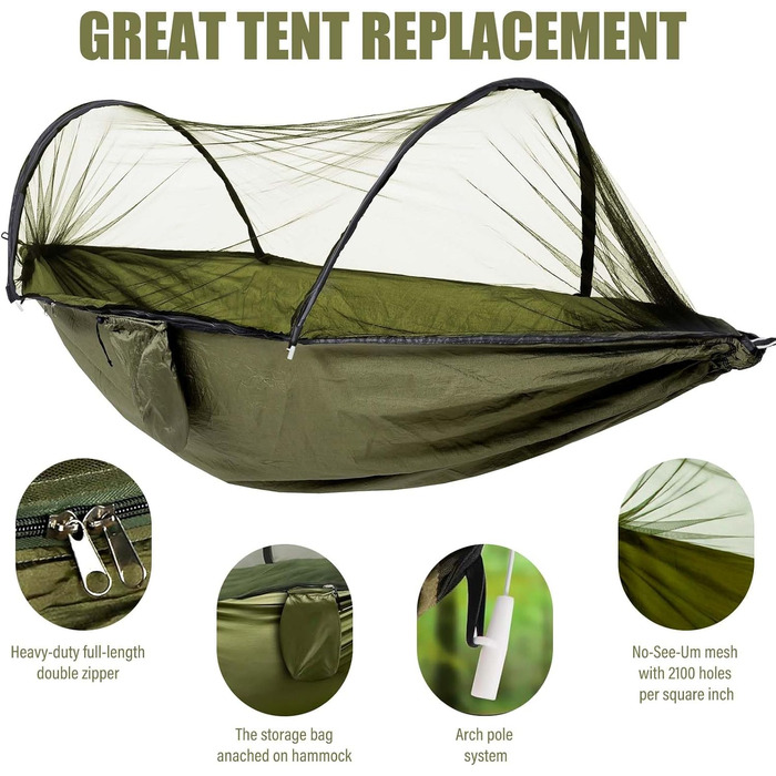 Гамак для відпочинку на природі Ultraleicht 270x140см з москітною сіткою, міцний та довговічний, з сумкою для зберігання. Підходить для саду, кемпінгу, балкону, двору, пляжу