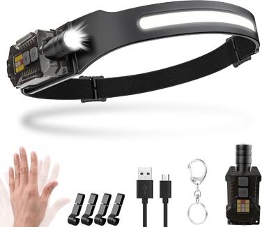 LED налобний ліхтар з регулюванням фокусу, 2000 люменів, 230° кут огляду, 9 режимів, UV лампа, з датчиком руху, для кемпінгу, бігу, риболовлі, 2 шт.