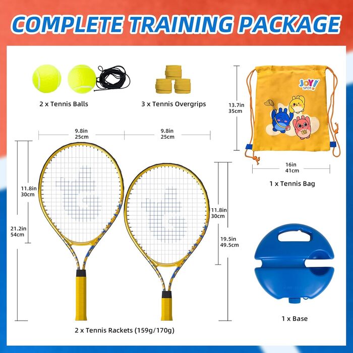 Набір для гри в теніс JOY SPOT: 2 ракетки, м'яч для відбивання, тенісні м'ячі зі шнуром та сумка для початківців, дітей та дорослих, тренувальний інвентар для ігор на вулиці та в саду