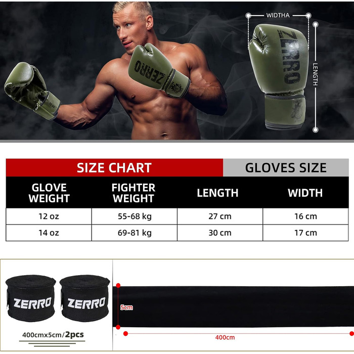 Боксерські рукавички ZERRO для кікбоксингу, тайського боксу та MMA, 12 oz, зелені