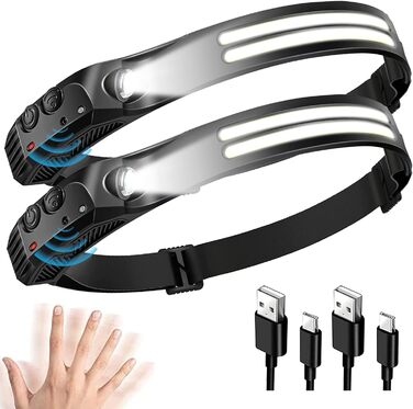 Налобний ліхтар LED GSY з перезаряджанням, 2 COB LED, 1000 Люмен, датчик, водонепроникний, 230° світло, акумуляторний, 2 шт.