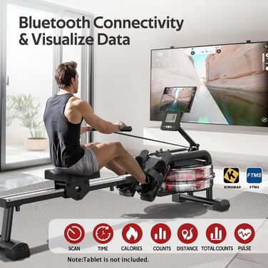 Весловий тренажер VOWVIT для дому з водним опором, Bluetooth-монітором і тримачем для планшета, сумісний з додатком Kinomap, легке складання, максимальний зріст користувача 210 см