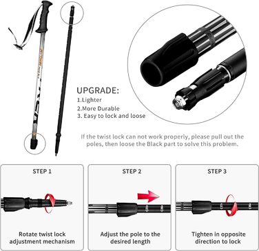 Дитячі телескопічні палиці для скандинавської ходьби та трекінгу FitTrek, регульовані, легкі (чорні) з гумовими наконечниками та сумкою