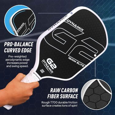 Ракетка для піклболу з вуглецевого волокна Gen-2, 16 мм, сертифікована USAPA, для професійного рівня, потужність, обертання та стабільність, довгаста, легка, професійна балансування (біла ручка / біла рамка)