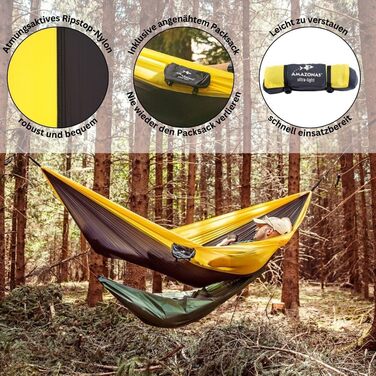 Гамак Amazonas Ultra-Light Adventure Coyote - надлегкий Kingsize 275x140 см, до 150 кг, колір: зелений (Yellowstone)