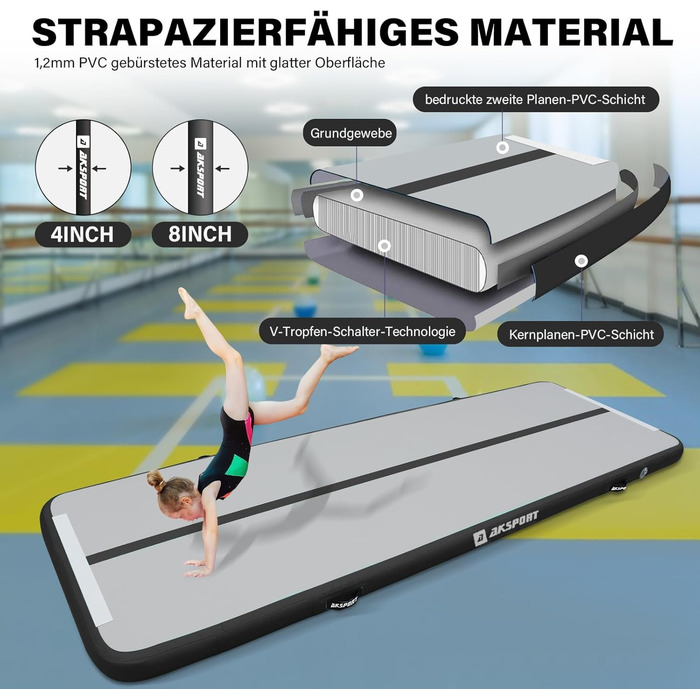 AKSPORT Килимок для гімнастики та акробатики Air Matte, 3/4/5/6м, 10/20см, з насосом, для дому/залу/тренувань, м'ятно-зелений (300x100x10см, Чорний)