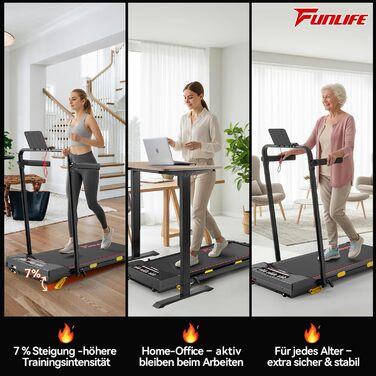 Біговий тренажер FunLife F4 (оновлення 2025) – 4-в-1, складний, з кутом нахилу 7%, керування через додаток, тихий, з двома ручками та страхувальним тросом, 1-12 км/год, для дому, для людей похилого віку, червоний