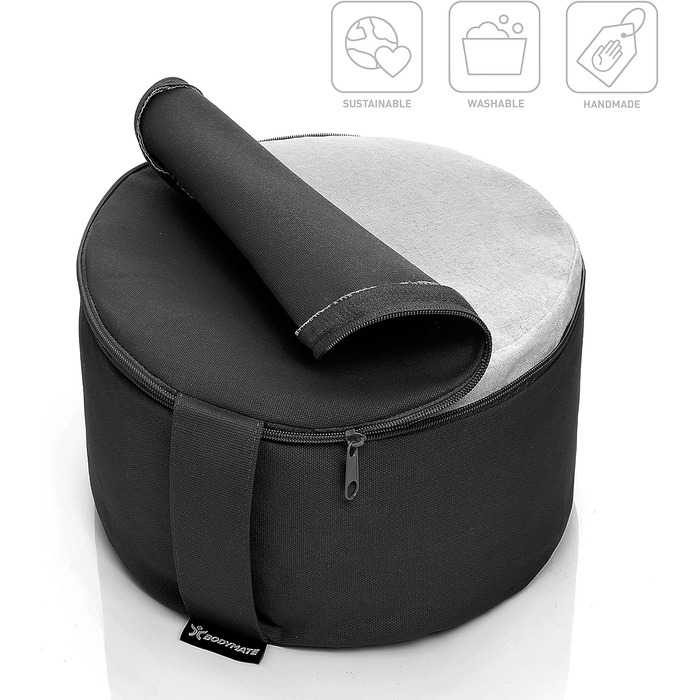 Подушка для йоги та медитації BODYMATE кругла 31 см, чорна. Наповнювач - лушпиння гречки, чохол - 100% бавовна.
