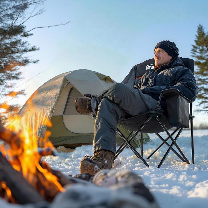 Овермонт: Обігрівальний XL стілець для кемпінгу, дорослий – складаний стілець, ідеальний для зимових походів, кемпінгу та риболовлі (Чорно-сірий)