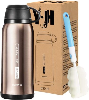 Термос-пляшка Y·J&H з нержавіючої сталі, 650 мл, подвійні стінки, без BPA, з кришкою-чашкою, для гарячих напоїв, для кемпінгу, шампанське золото