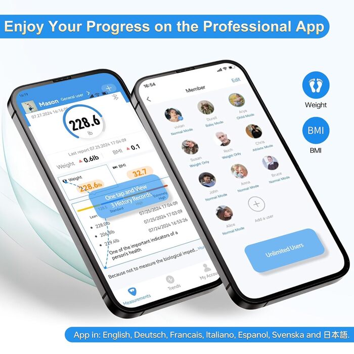 Цифрова вага для людей Homebuds 300kg з визначенням BMI та синхронізацією зі смартфоном по Bluetooth, 8 мм загартоване скло, широка платформа, чорна