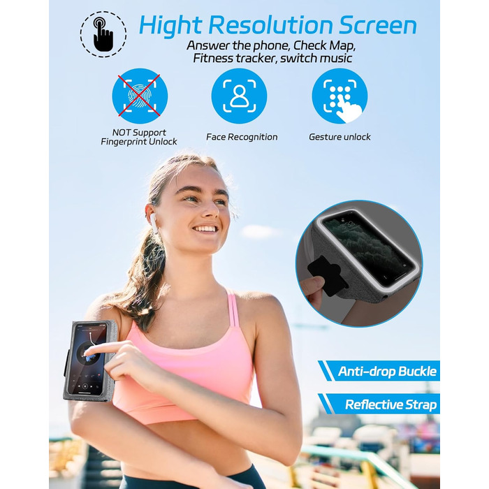 Спортивний браслет для телефону: підставка для бігу, кишенька для навушників, сумісний з iPhone 17/16/15/14/13 Pro Max, Galaxy S25/S24/S23 Ultra (до 6.9 дюймів, світло-сірий)