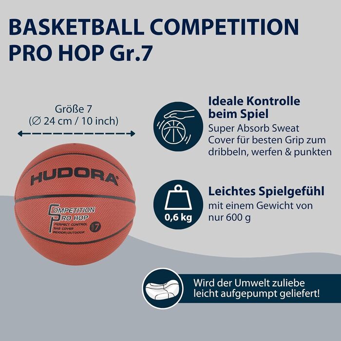 Баскетбольний м'яч HUDORA Basketball Competition Pro Hop, розмір 7, для дітей та дорослих, для залів та вулиці (Indoor/Outdoor)
