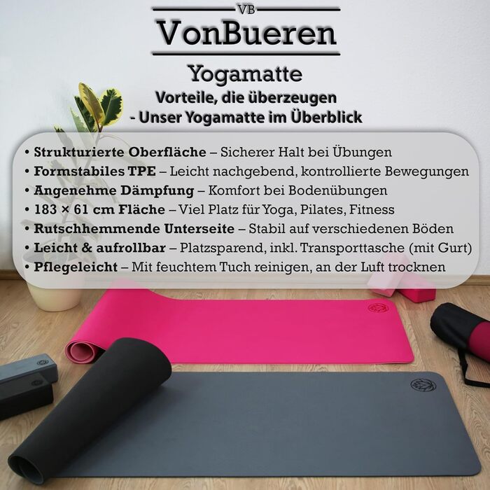 Килимок для йоги VonBueren антиковзкий, 183x61 см, рожевий - для пілатесу та гімнастики