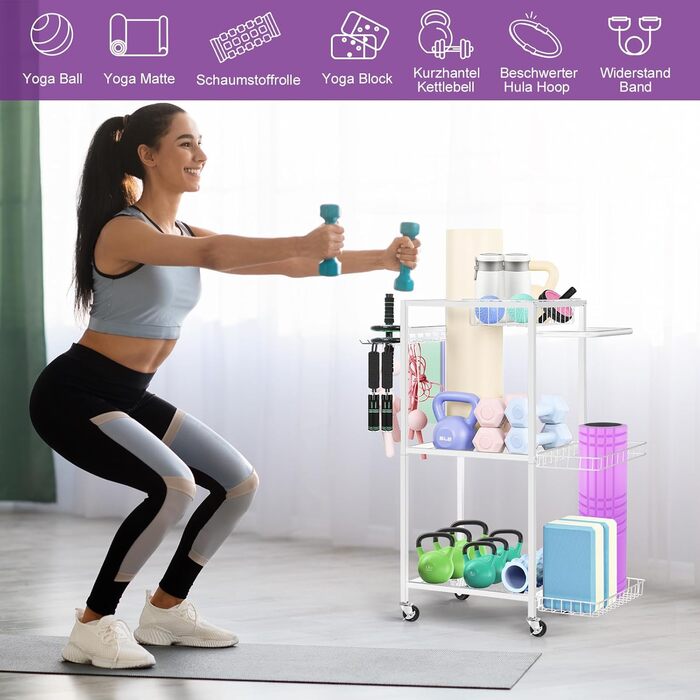 Стійка для зберігання спортивного обладнання SMUSEI: 3 яруси, металева, з роликами та 8 гачками. Підходить для йог-матів, гантелей, гир та іншого обладнання для дому.