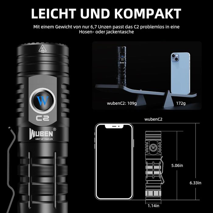 Ліхтарик WUBEN C2 LED: 2000 люмен, USB зарядка, тактичний, водонепроникний IP68, 4800mAh, 7 режимів, 6500K