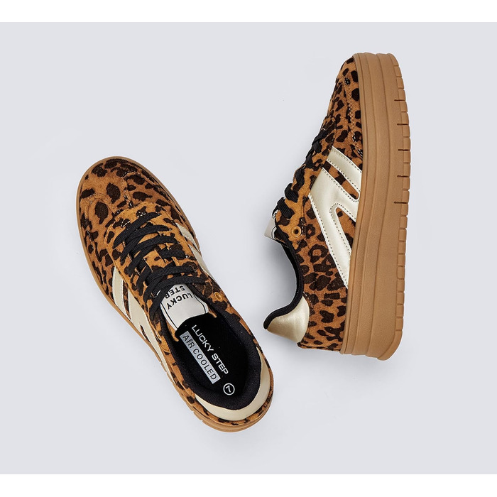 Кросівки LUCKY STEP Plateau Sneaker для жінок - платформа, канвас, ретро стиль, низький профіль, зручні для повсякденного носіння, бежево-зелені (41 EU, леопард)