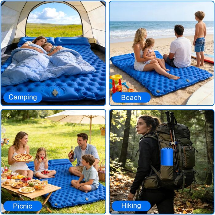 Каремат туристичний подвійний Isomatte Camping з насосом та подушками для 2 осіб: ультралегкий, потовщений для кемпінгу, походу, пляжу