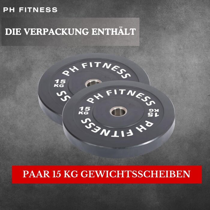 Олімпійські гумові диски PH Fitness 2x15 кг, 50 мм, чорні — набір для штанги, тренажерного залу та силових тренувань