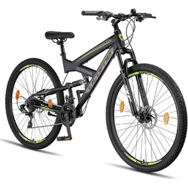Гірський велосипед Licorne Bike Strong 2D Premium 29 дюймів для підлітків і дорослих, дискові гальма, 21 швидкість, повна амортизація, чорний/лайм