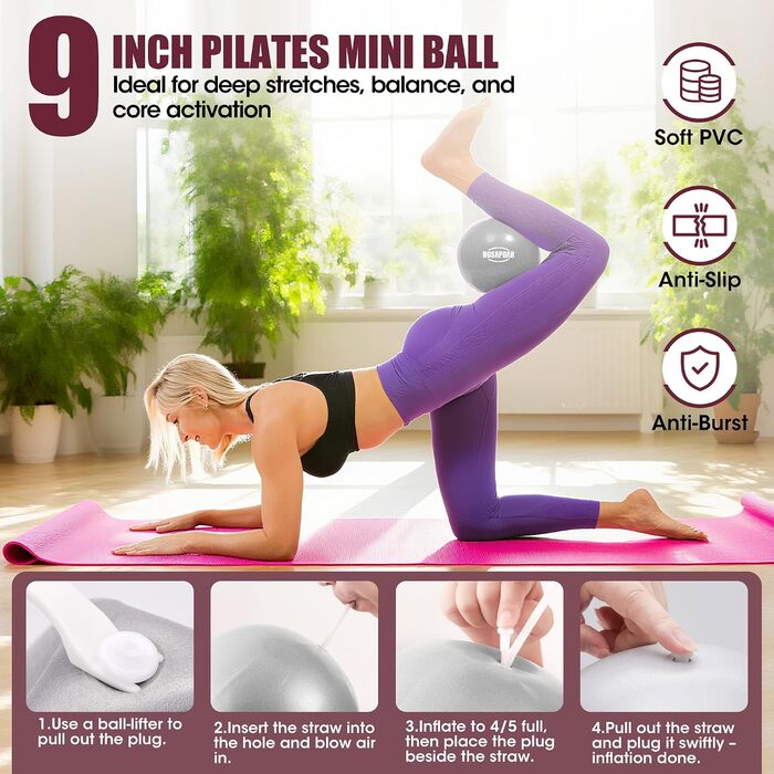 Pilates Essentials Kit ROSAPOAR для жінок: кільце для пілатесу 35 см, м'яч для йоги та еспандери – набір для домашніх тренувань, тонування та скульпторування корпусу
