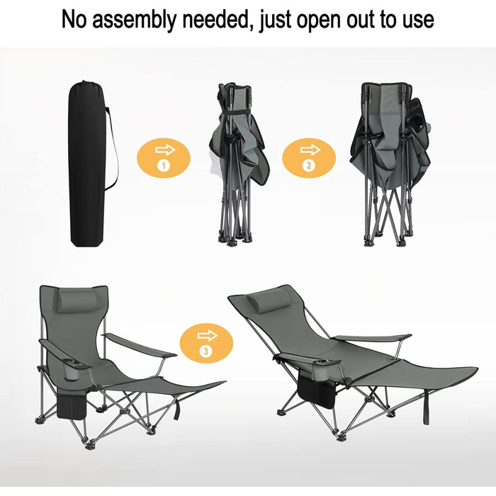 Крісло для кемпінгу Woltu, складане, рибальське, легке, з підніжкою та підсклянником, сіре