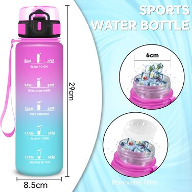Спортивна пляшка для води 1 л з мітками часу, витокозахисна, рожево-блакитна