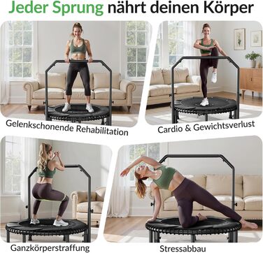 Міні-батут BCAN для дорослих, 102/122 см, до 204/250 кг, з еластичними тросами, регульованою ручкою, стабільний, тихий, для дому та вулиці, тренування всього тіла, розслаблення вдома - Зелений (102 см)