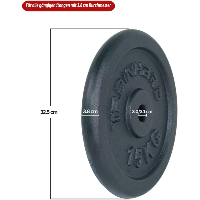 Комплект млинців для штанги Train Hard, чавунні, 2×15 кг, отвір 30/31 мм