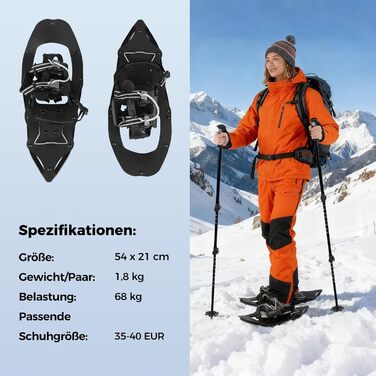 Снігоступи COSTWAY з підйомником, розмір 35-45, до 68/90 кг, комплект з трекінгових палиць та сумки, для чоловіків, жінок та підлітків (EUR 35-40, чорний)