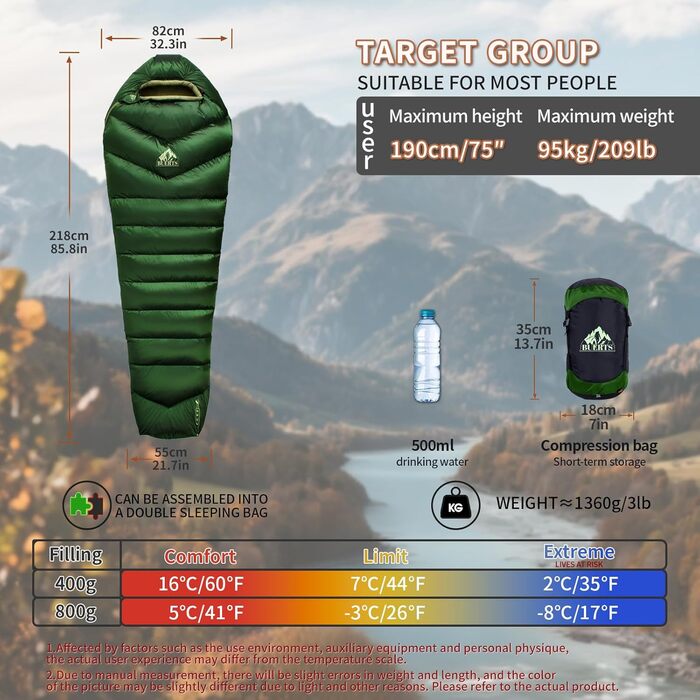 Спальний мішок BUERTS Daunen Summer, 620FP, компактний, для дорослих та підлітків, кемпінг, походи, активний відпочинок. З компресійним мішком. Температура комфорту: 16°C (зелений 5°C)