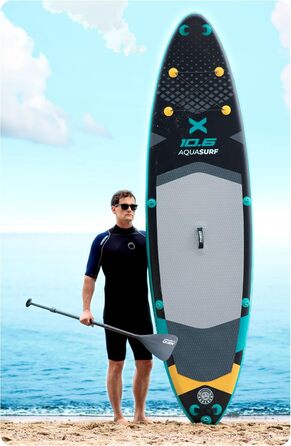 Надувний SUP Neo-Sport - комплект для сапбордингу з аксесуарами (насос, весло, страхувальний трос, рюкзак) - 320 см, Aquasurf 10.6, темно-синій та жовтий