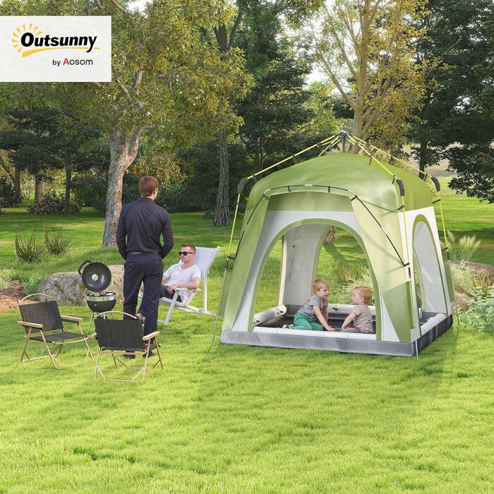 Намет Outsunny Pop-Up для 3 осіб, UV 50+, зелений: сімейний кемпінговий намет з гаком, 4 дверима, вікнами, підлогою та водонепроникністю 1000 мм