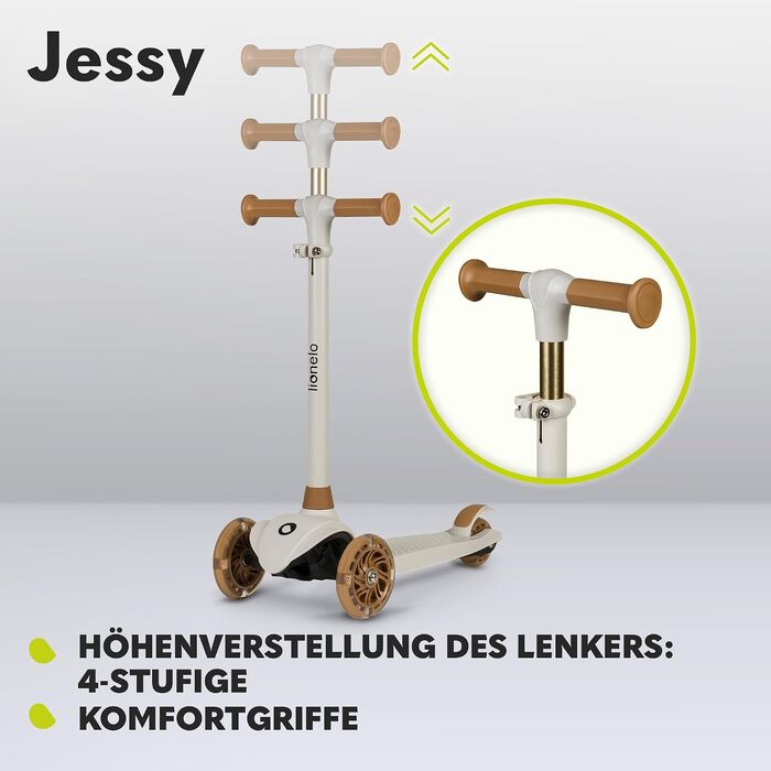 Дитячий триколісний самокат LIONELO Jessy Premium з LED-підсвіткою коліс, регульованою висотою та протиковзкою платформою, коричневий (до 50 кг, для дітей від 3 років)