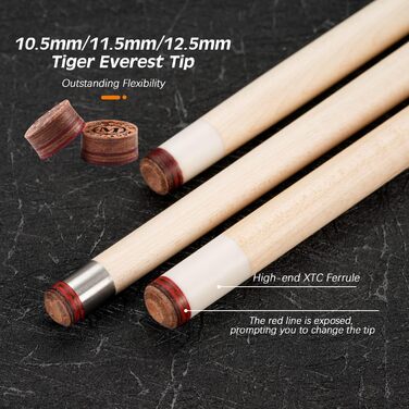 Більярдний кий Konllen з низькою відволікаючою лінією, з подовженням та кейсом (10,5 мм, 11,5 мм, 12,5 мм наконечники Tigerspitze, XTC-чохол, 3/8 x 8 радіальний штифт, довжина 147 см) Dragon-1, EU 12.5mm